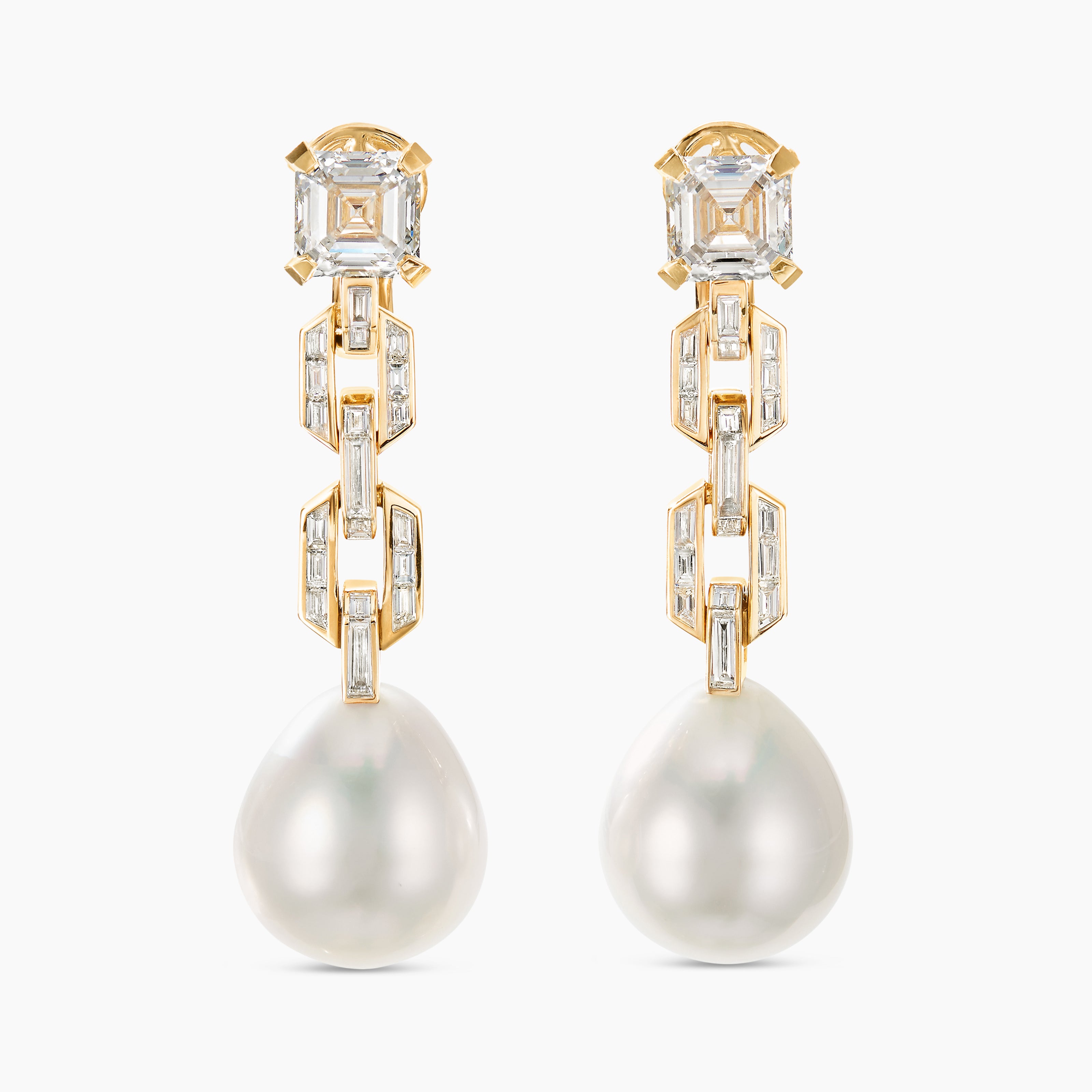 Womens Deco Pearl Link Drop Earrings in Yellow Gold with Diamonds