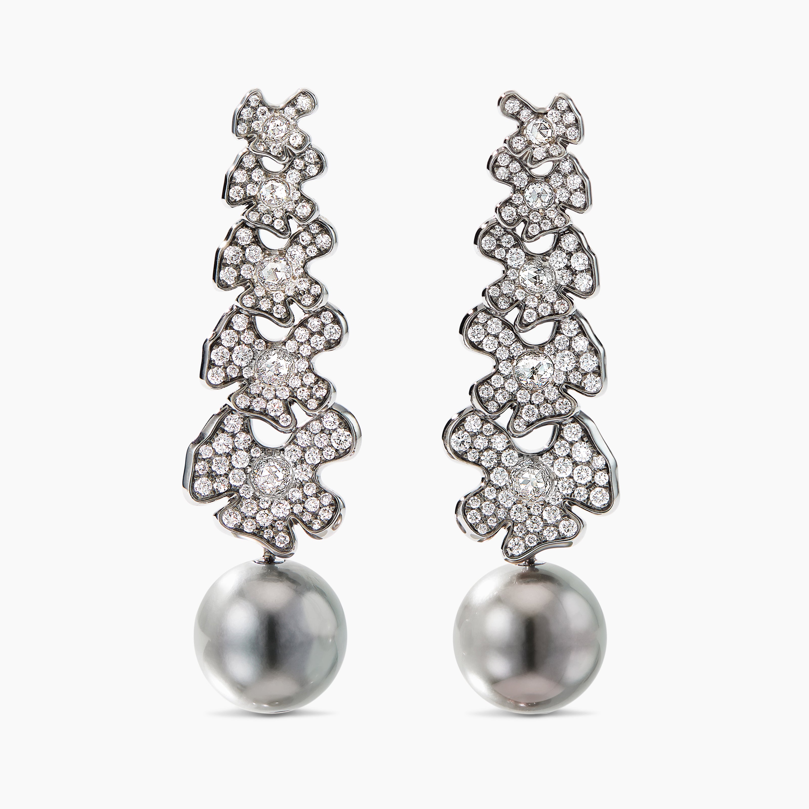 Womens Petals and Tahitian Grey Pearl Drop Earrings in Gold with Diamonds