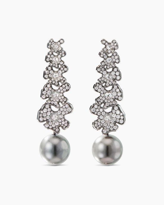 Petals and Tahitian Grey Pearl Drop Earrings in Gold with Diamonds