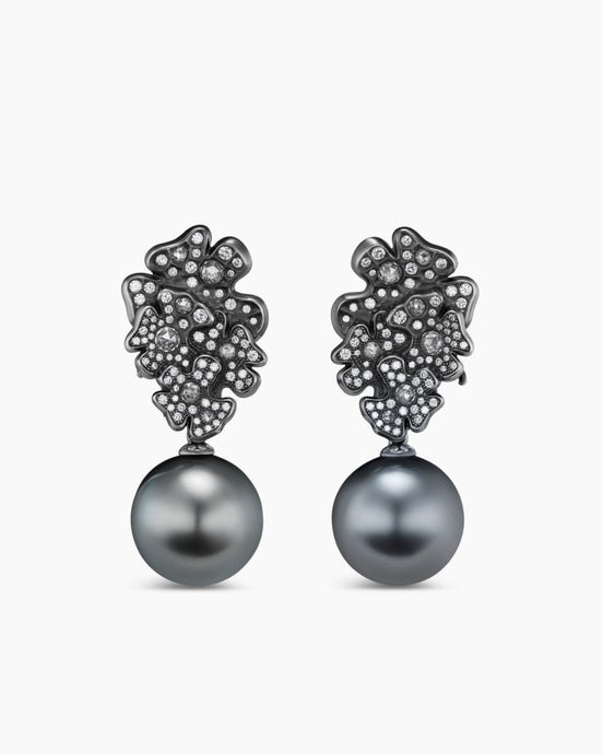 Petals and Tahitian Grey Pearl Cluster Drop Earrings in White Gold with Rhodiated Black and Diamonds