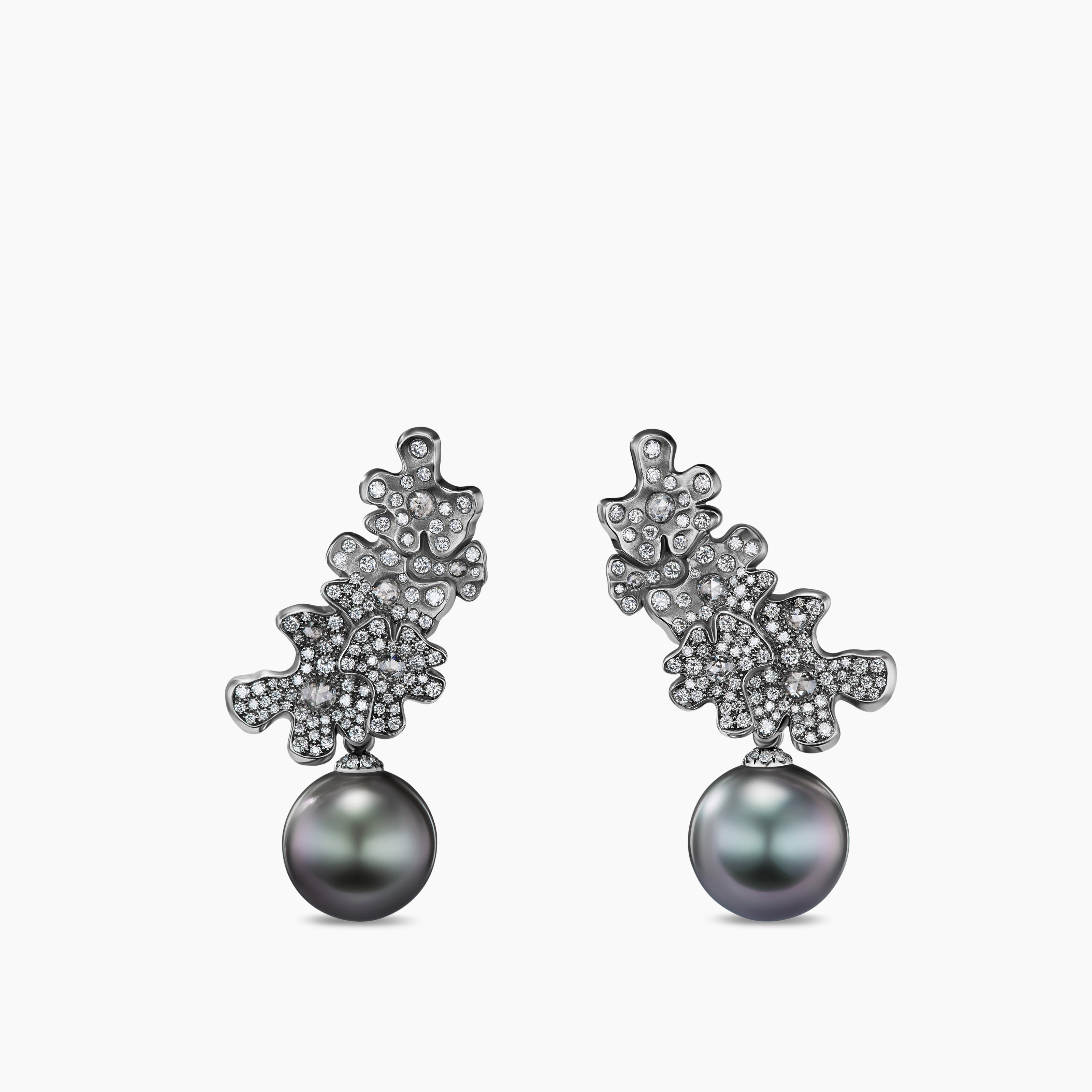 Womens Petals and Tahitian Grey Pearl Climber Earrings in White Gold with Rhodiated Black and Diamonds