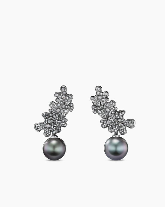 Petals and Tahitian Grey Pearl Climber Earrings in White Gold with Rhodiated Black and Diamonds