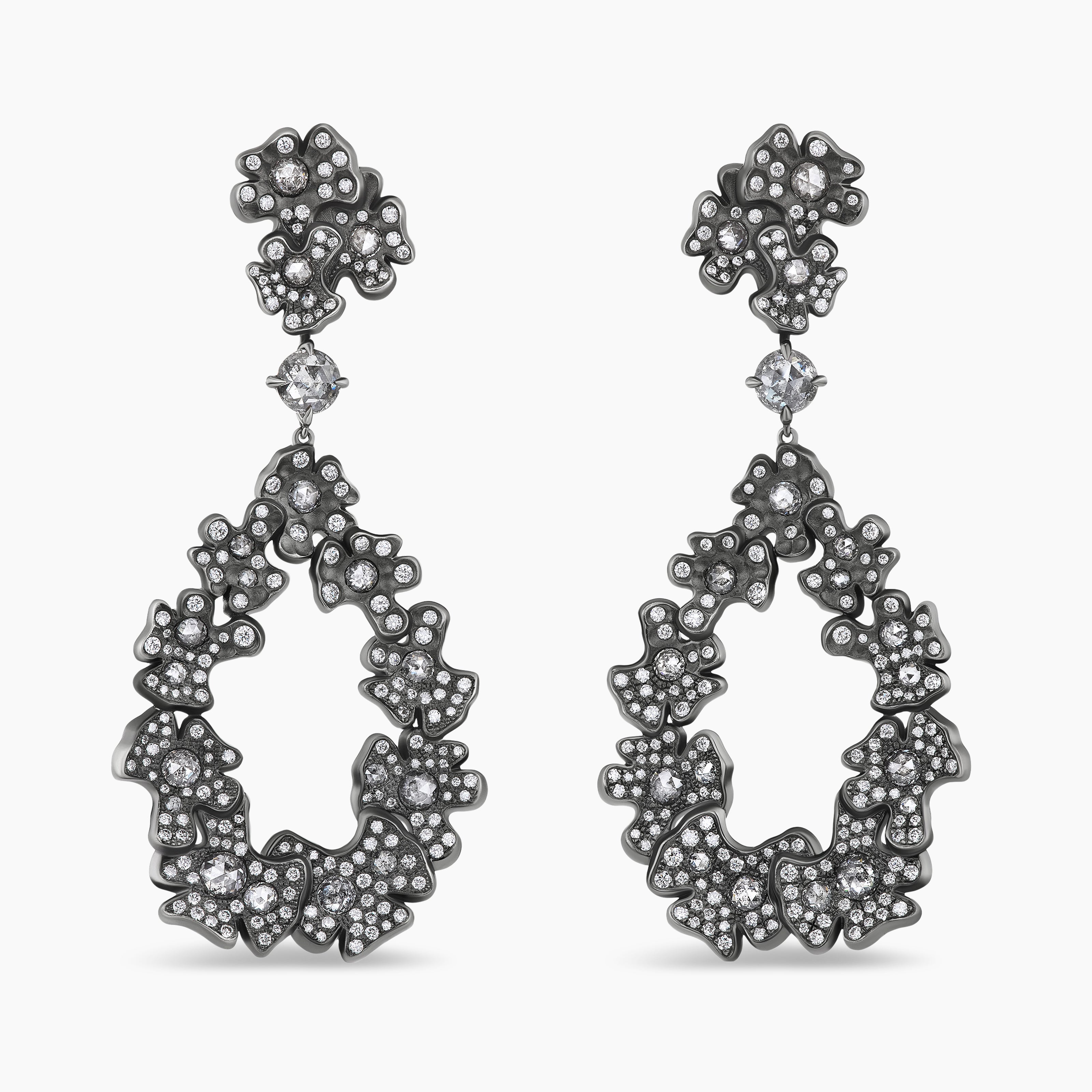 Womens Petals Drop Earrings in White Gold with Rhodiated Black and Diamonds