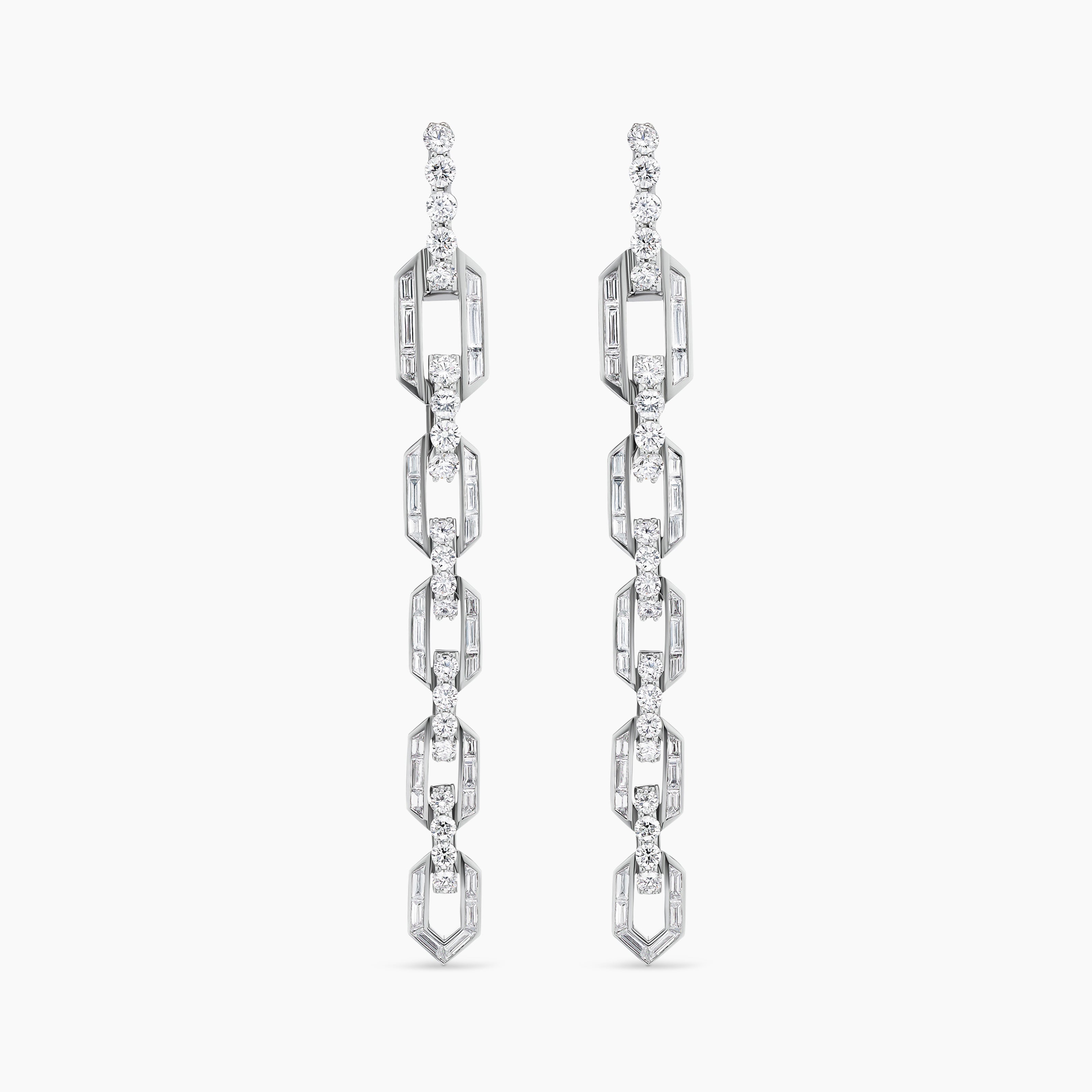 Womens Deco Chain Link Drop Earrings in White Gold with Diamonds