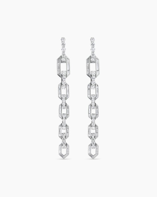 Deco Chain Link Drop Earrings in White Gold with Diamonds