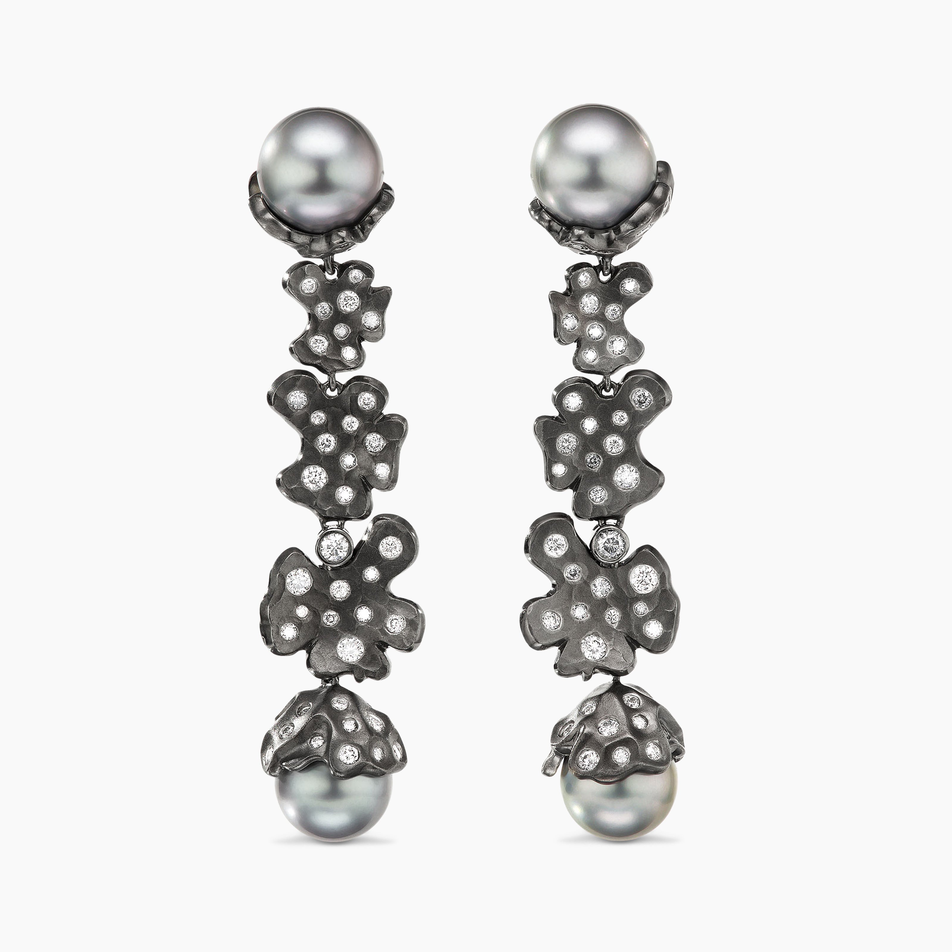 Womens Petals and Tahitian Grey Pearl Drop Earrings in White Gold with Rhodiated Black and Diamonds