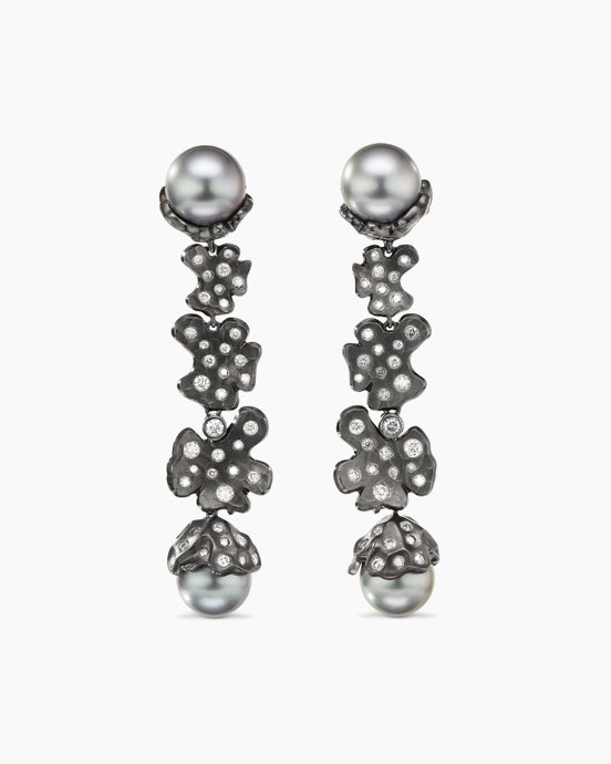 Petals and Tahitian Grey Pearl Drop Earrings in White Gold with Rhodium-Plated Black and Diamonds