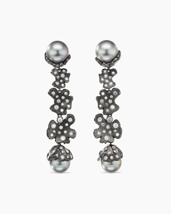 Petals and Tahitian Grey Pearl Drop Earrings in White Gold with Rhodiated Black and Diamonds