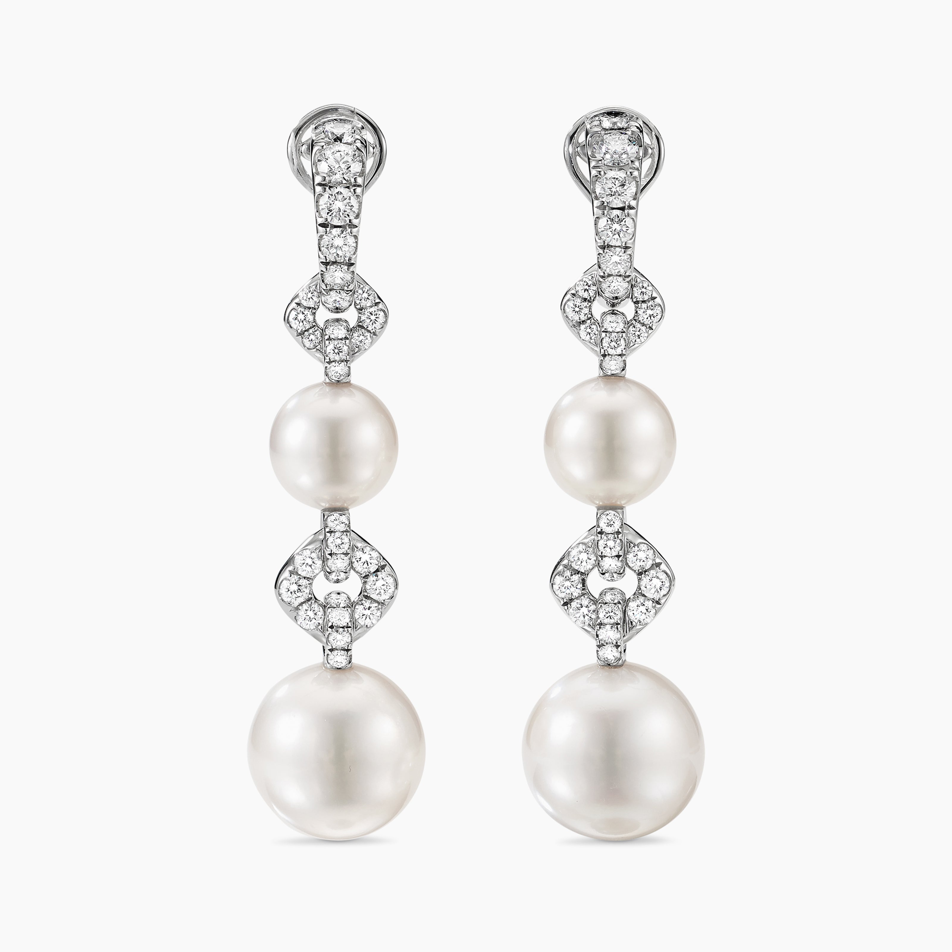 Womens DY Lumina South Sea White Pearl Pav&eacute; Link Earrings in White Gold with Diamonds