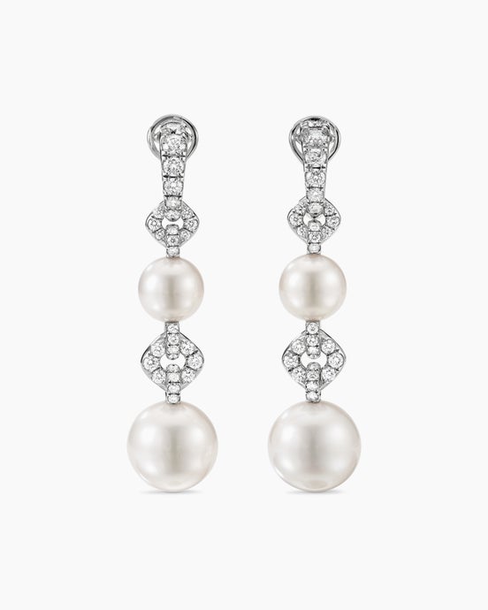 DY Lumina South Sea White Pearl Pavé Link Earrings in White Gold with Diamonds