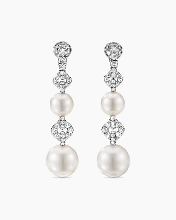 DY Lumina South Sea White Pearl Pavé Link Earrings in White Gold with Diamonds