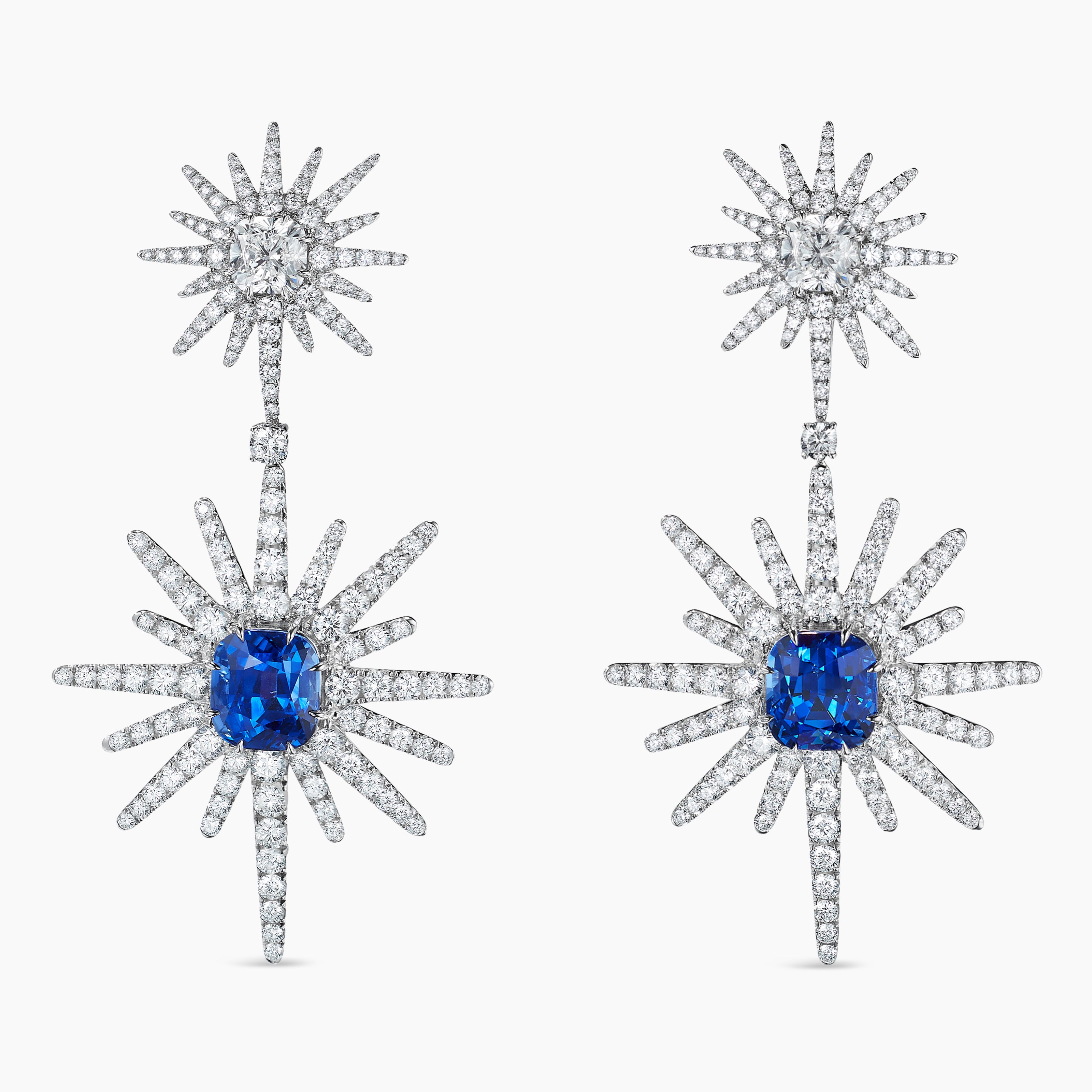 Womens Starburst Drop Earrings in White Gold with Sapphires and Diamonds