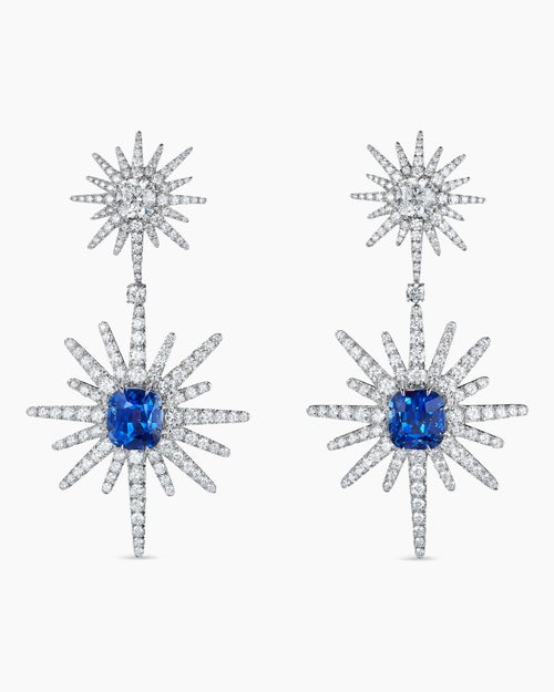 Womens Starburst Drop Earrings in White Gold with Sapphires and Diamonds