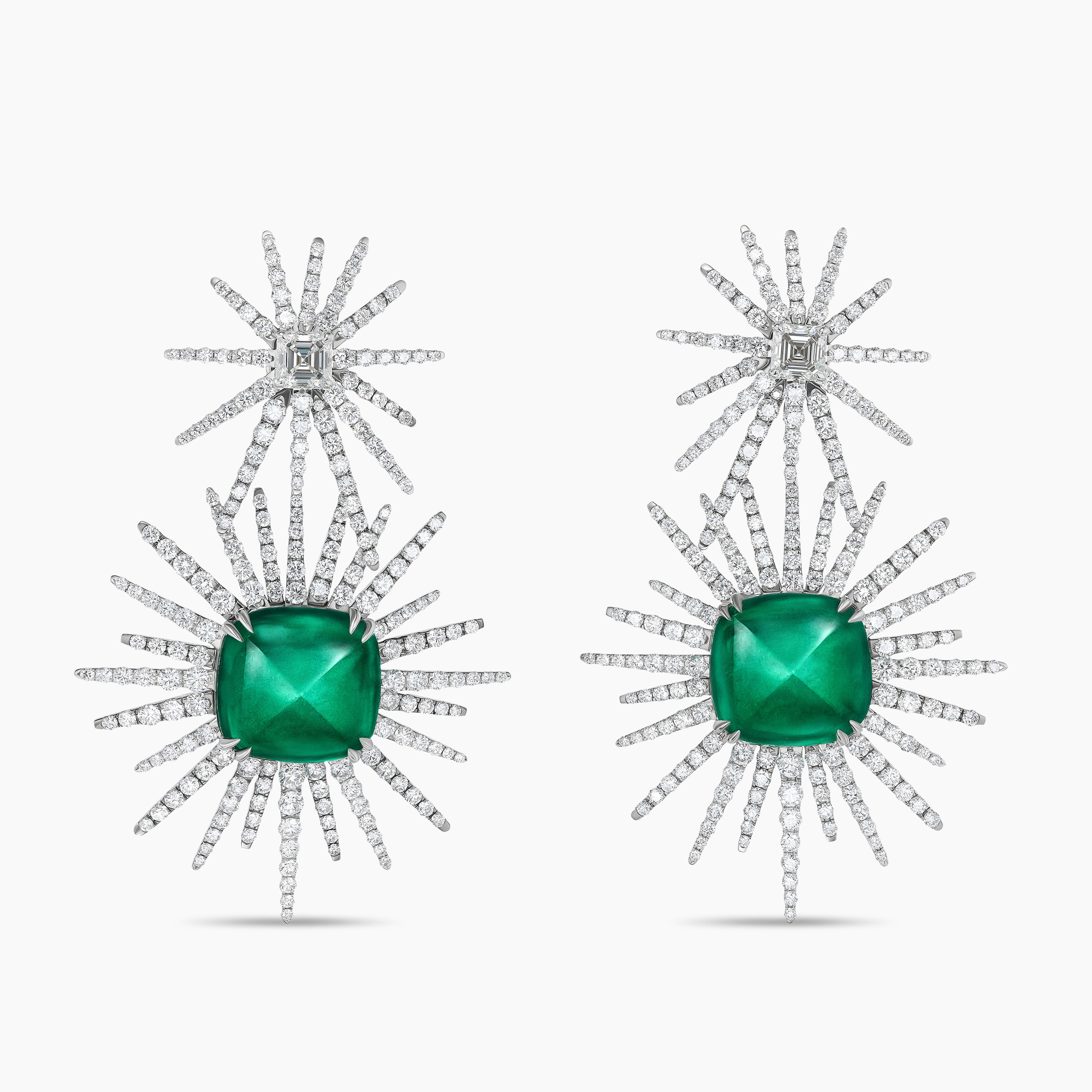 Womens Starburst Drop Earrings in White Gold with Grey Titanium, Emeralds and Diamonds