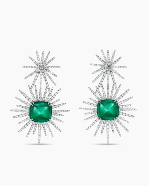 Boucles d’oreilles pendantes Starburst en or blanc avec titane gris, émeraudes et diamants femmes