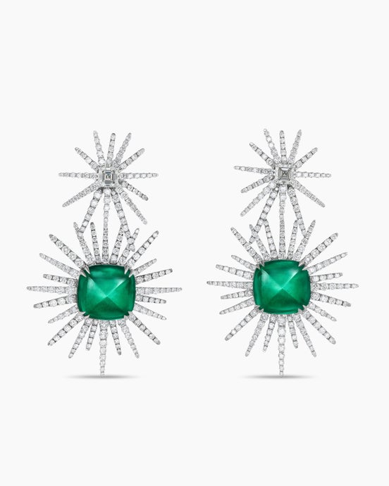 Starburst Drop Earrings in White Gold with Grey Titanium, Emeralds and Diamonds
