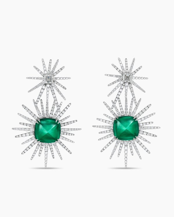 Starburst Drop Earrings in White Gold with Grey Titanium, Emeralds and Diamonds