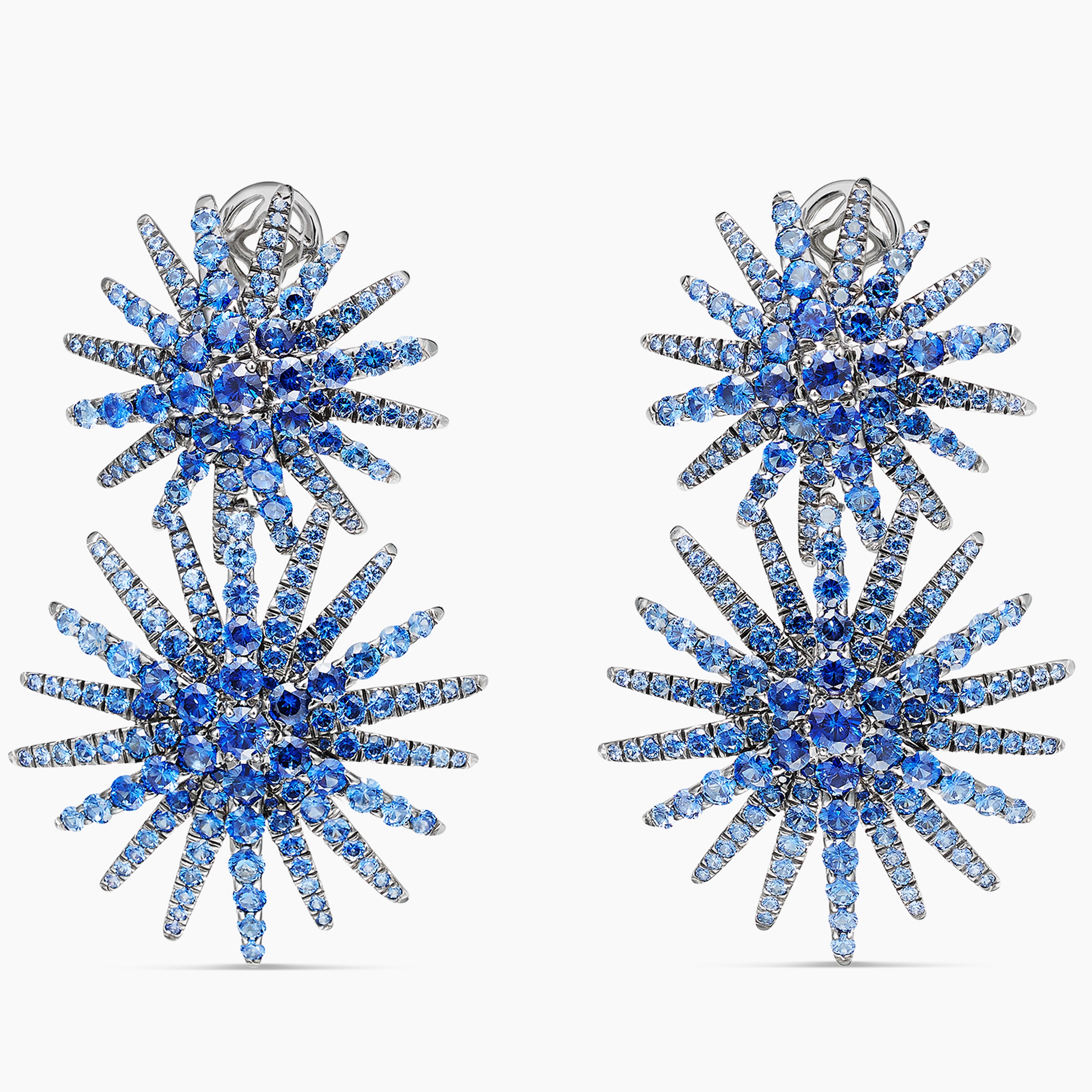 Boucles d&rsquo;oreilles pendantes doubles Starburst en or blanc avec pav&eacute; de saphirs femmes 