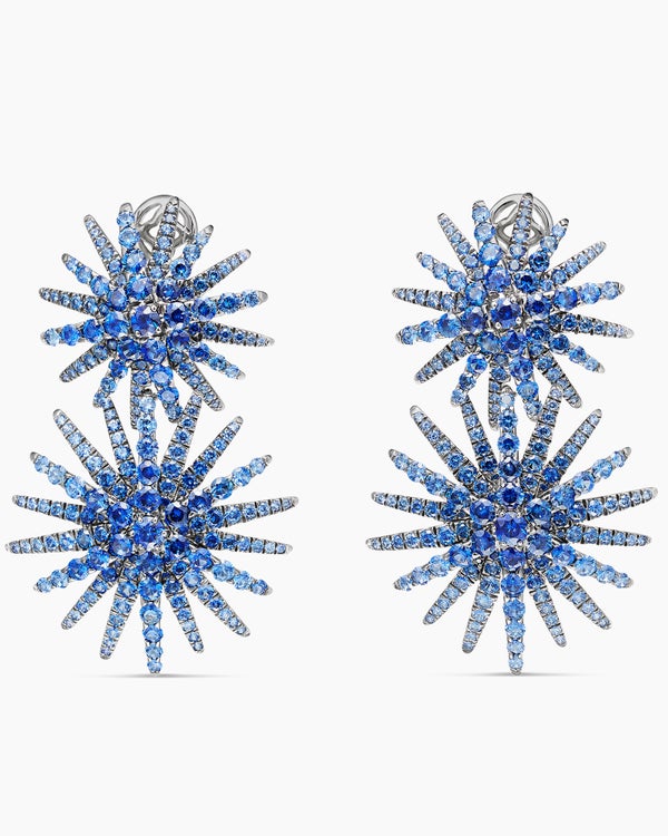 Starburst Double Drop Earrings in White Gold with Pavé Sapphires
