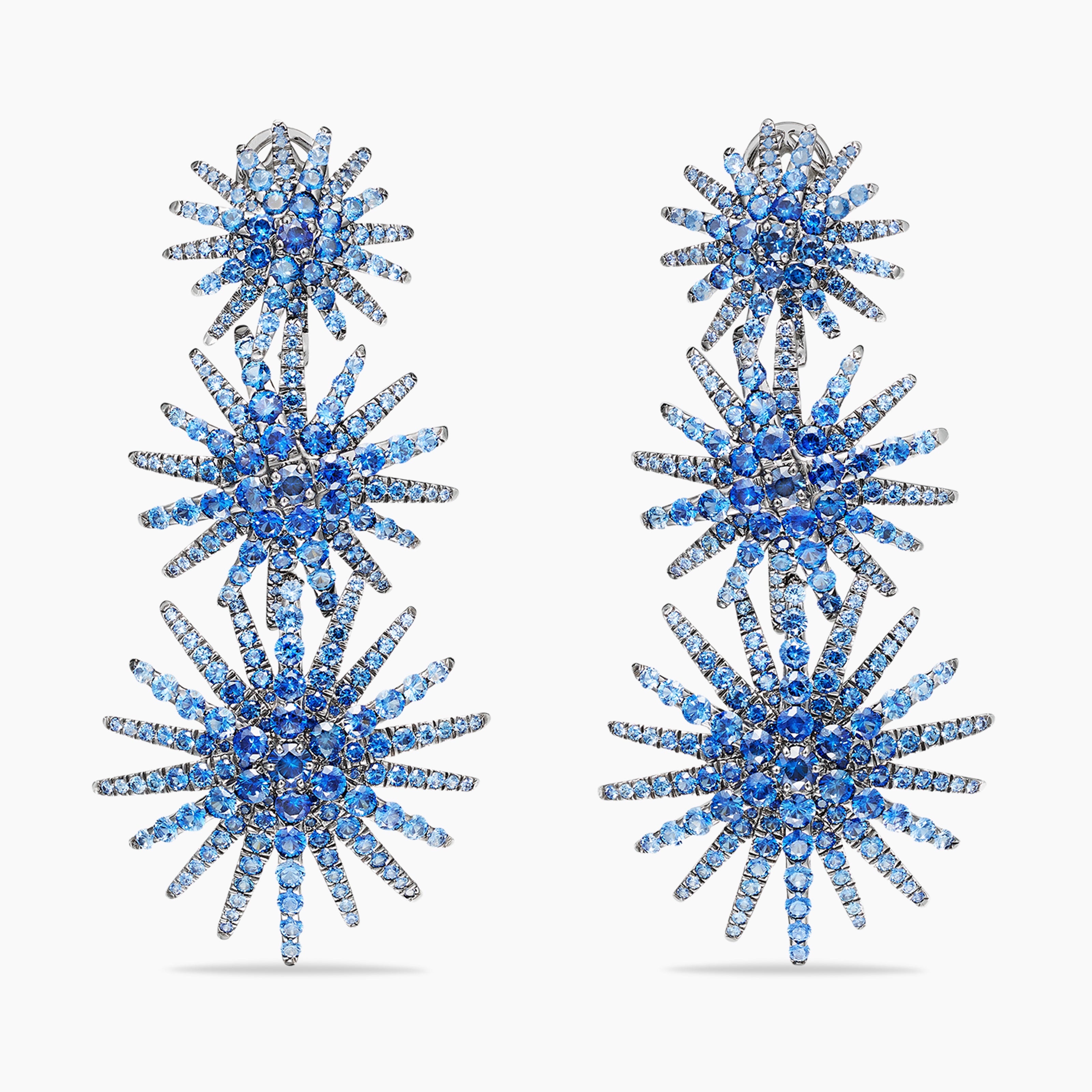 Womens Starburst Triple Drop Earrings in White Gold with Pav&eacute; Sapphires