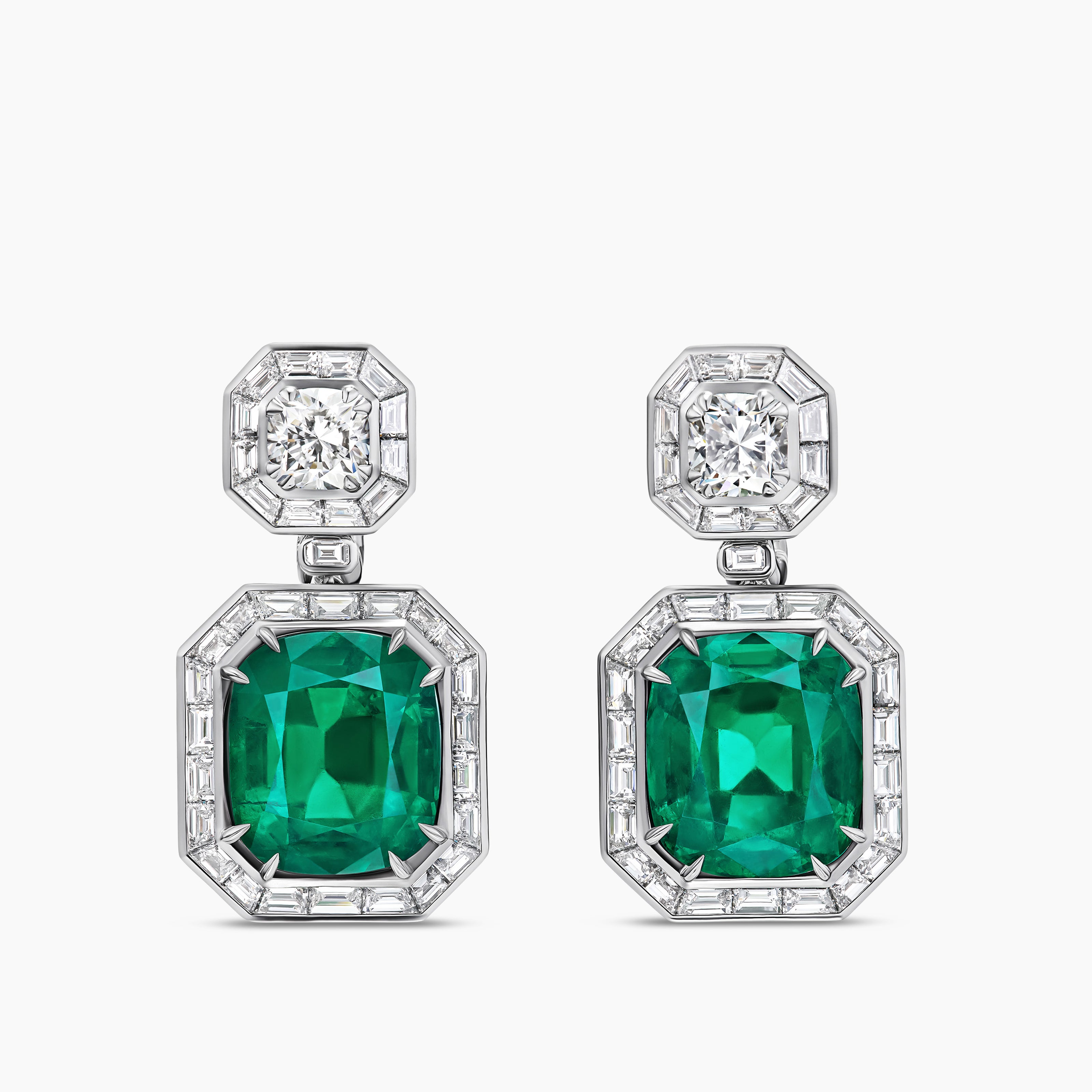 Womens Deco Emerald Drop Earrings in White Gold with Emeralds and Diamonds