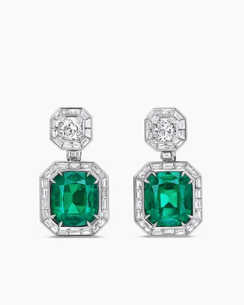 Womens Deco Emerald Drop Earrings in White Gold with Emeralds and Diamonds