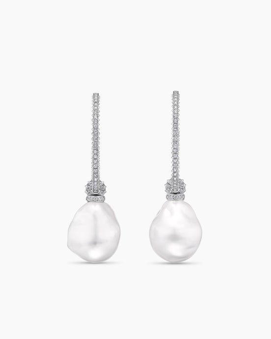 DY Lumina South Sea White Pearl Reverse Set Drop Earrings in White Gold with Diamonds