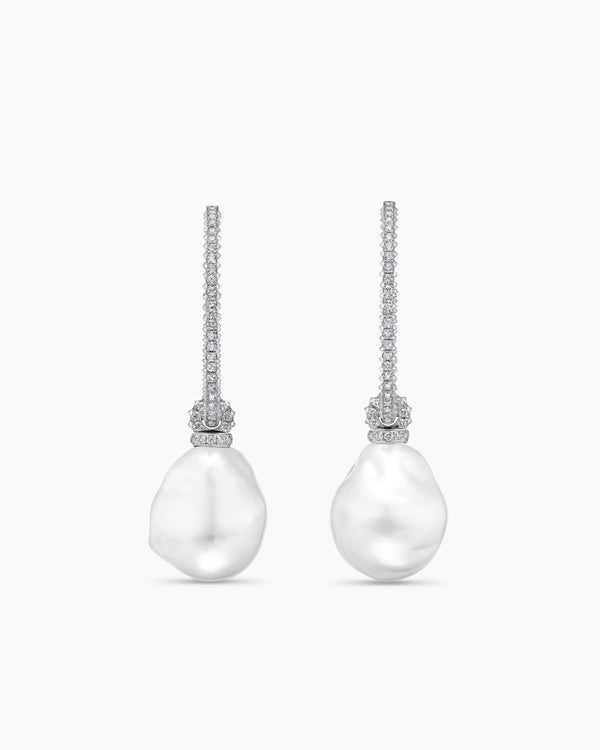 DY Lumina South Sea White Pearl Reverse Set Drop Earrings in White Gold with Diamonds
