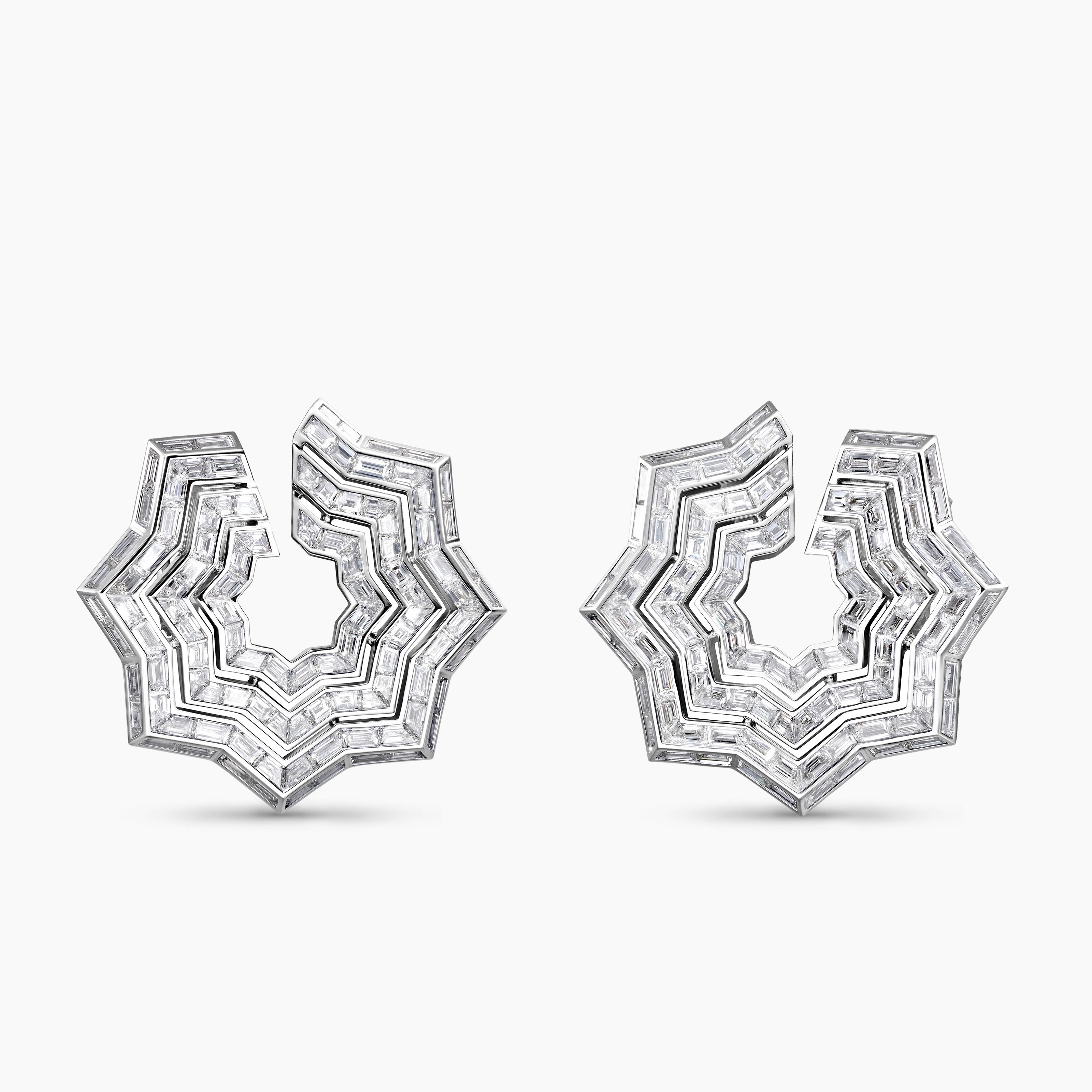 Womens Stax Zig Zag Baguette Earrings in White Gold with Diamonds