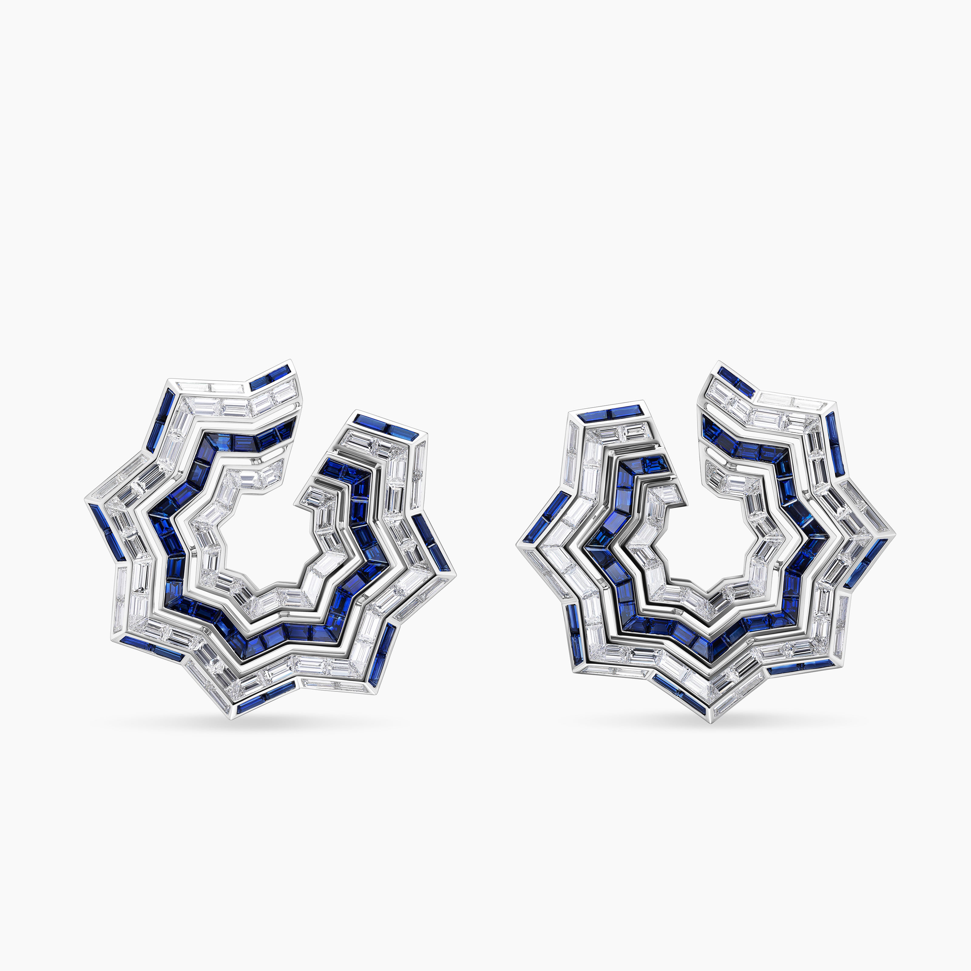 Womens Stax Zig Zag Baguette Earrings in White Gold with Sapphires and Diamonds
