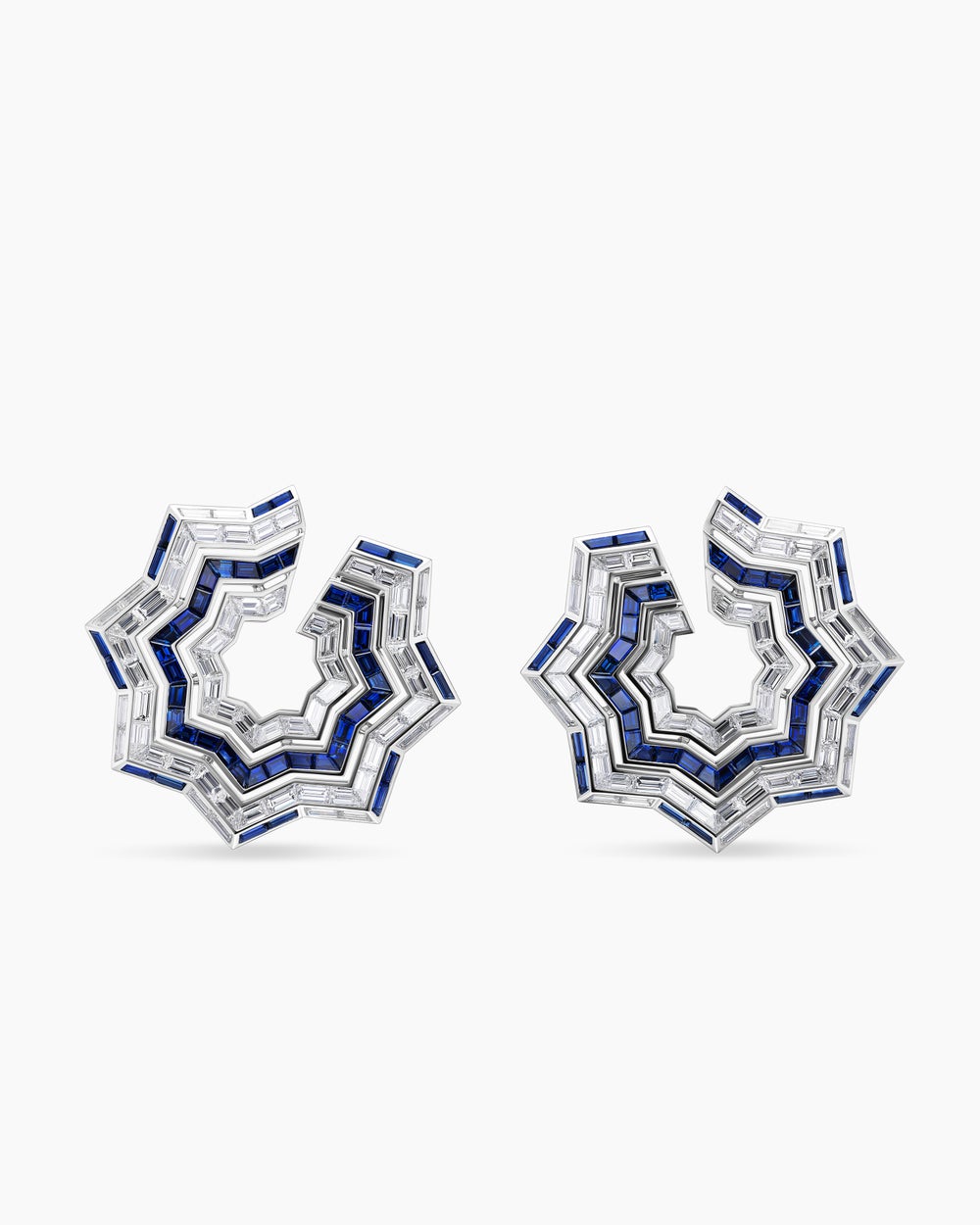 Womens Stax Zig Zag Baguette Earrings in White Gold with Sapphires and Diamonds