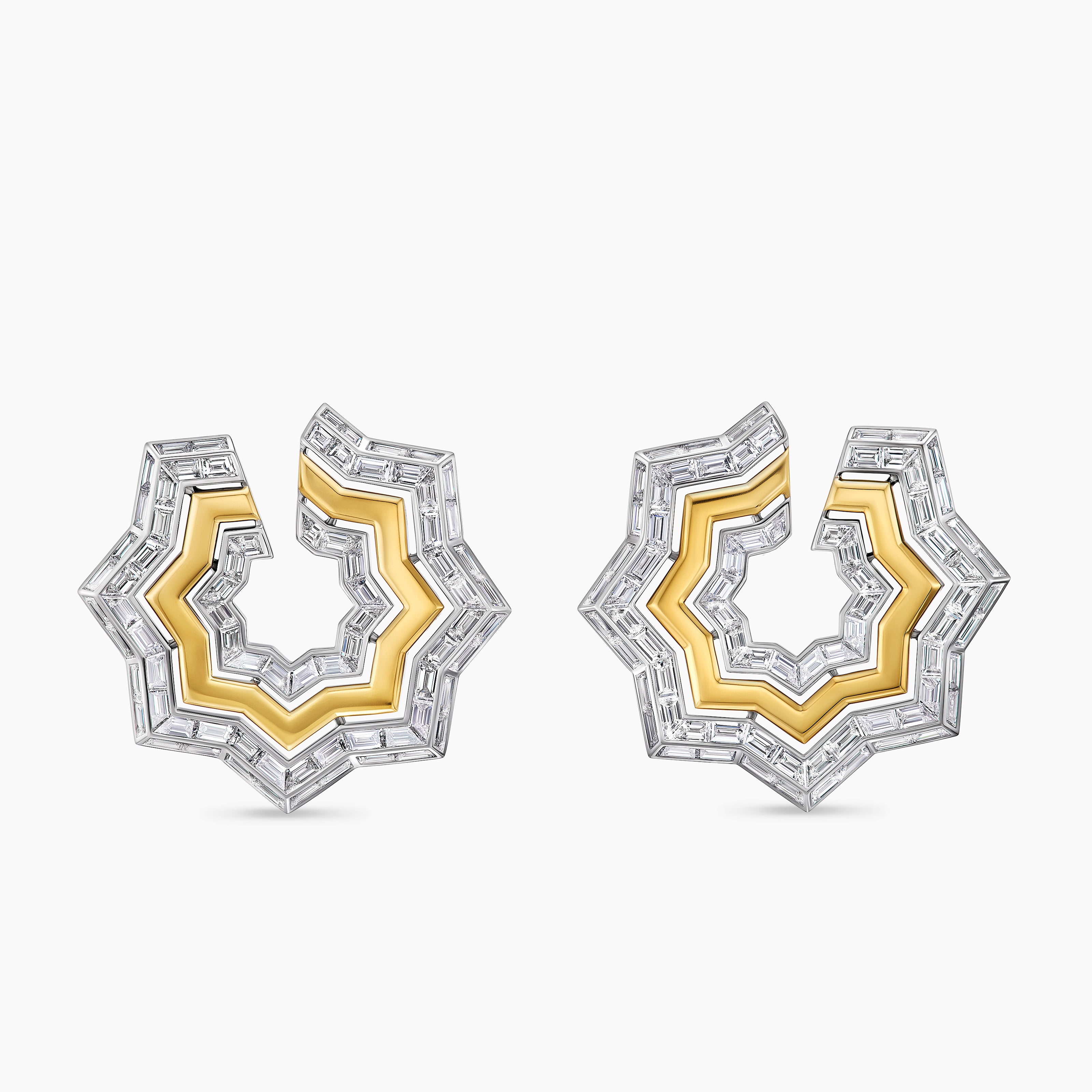 Womens Stax Zig Zag Baguette Earrings in Gold with Diamonds