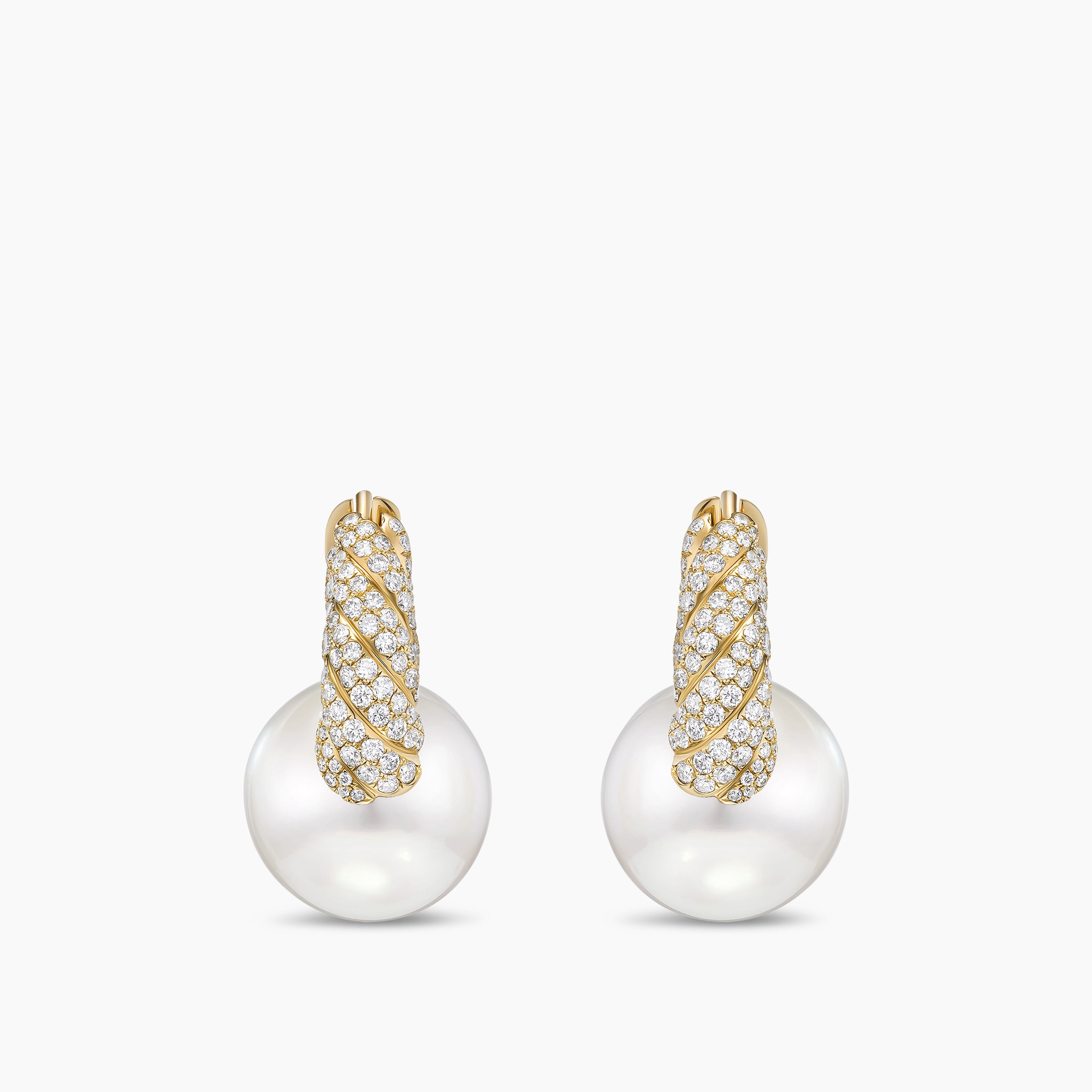 Womens DY Lumina South Sea White Pearl Sculpted Cable Drop Earrings in Yellow Gold with Diamonds