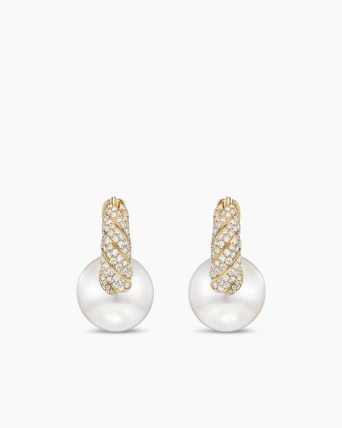 Boucles d’oreilles pendantes à perle blanche des mers du sud Sculpted Cable DY Lumina en or jaune avec diamants femmes