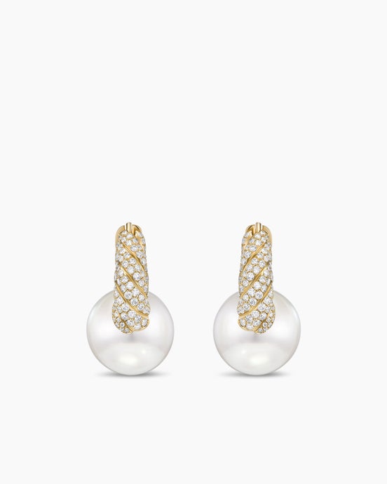 DY Lumina Pearl Sculpted Cable Drop Earrings in Yellow Gold with Diamonds