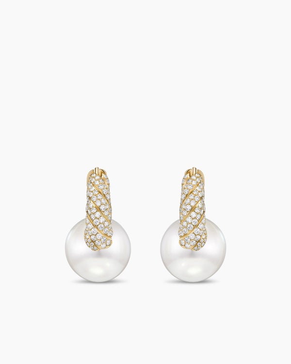 DY Lumina South Sea White Pearl Sculpted Cable Drop Earrings in Yellow Gold with Diamonds