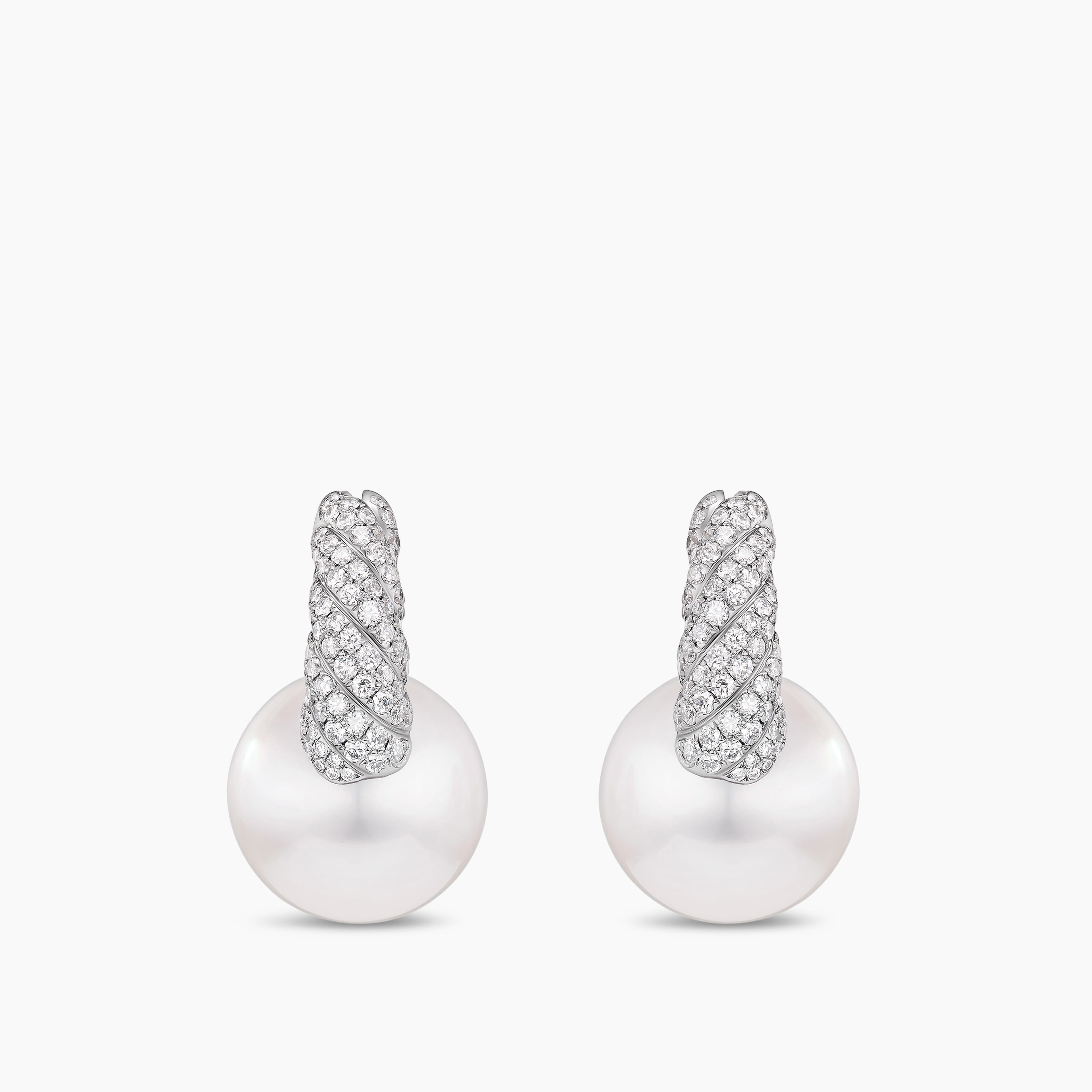 Womens DY Lumina South Sea White Pearl Sculpted Cable Drop Earrings in White Gold with Diamonds