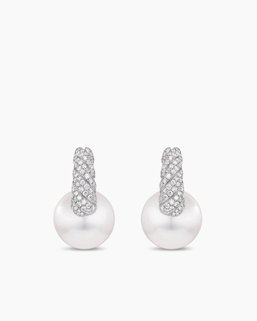 Womens DY Lumina South Sea White Pearl Sculpted Cable Drop Earrings in White Gold with Diamonds