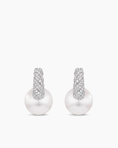Boucles d’oreilles pendantes à perle blanche des mers du sud Sculpted Cable DY Lumina en or blanc avec diamants femmes