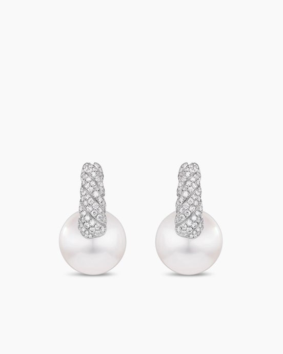 DY Lumina South Sea White Pearl Sculpted Cable Drop Earrings in White Gold with Diamonds