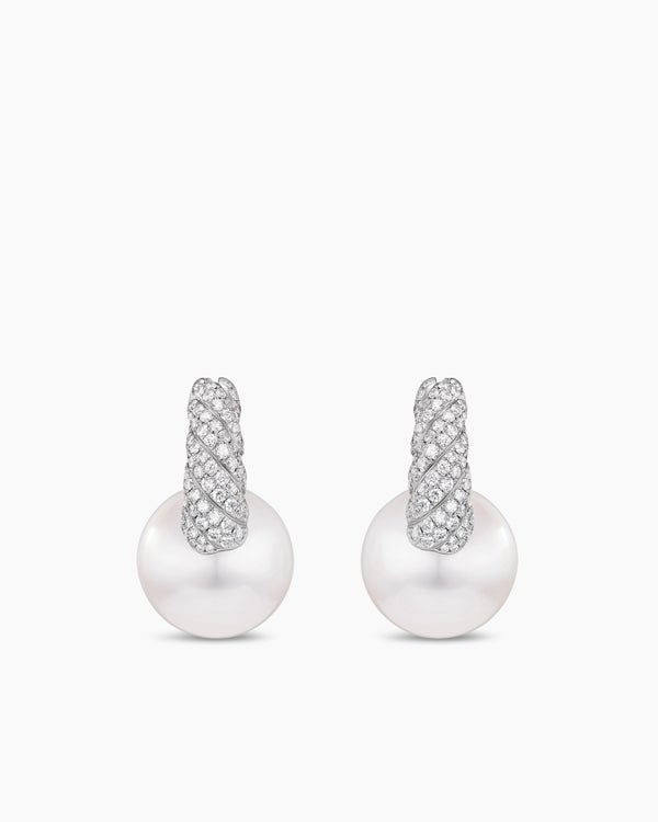 DY Lumina South Sea White Pearl Sculpted Cable Drop Earrings in White Gold with Diamonds