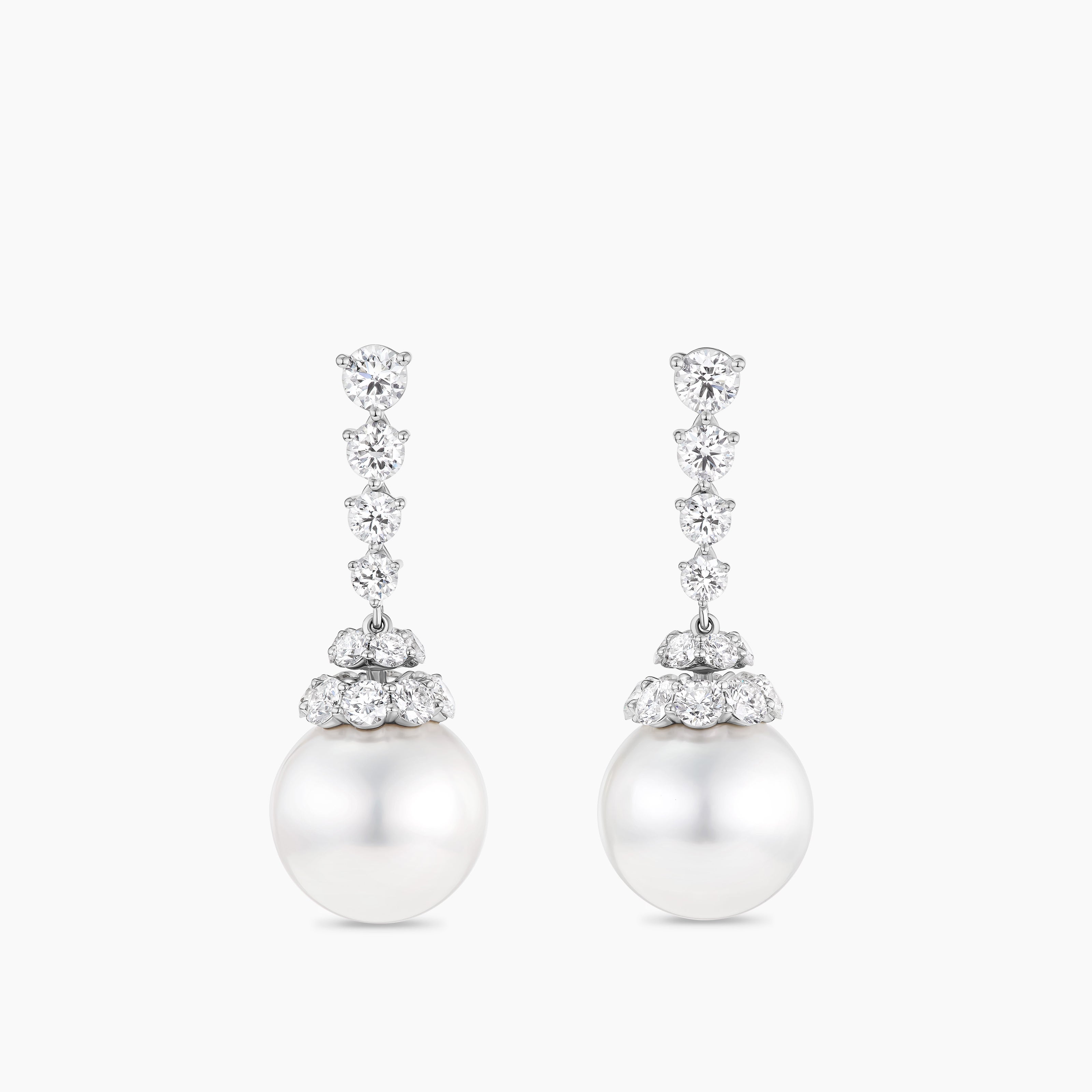 Womens Floating Diamonds and South Sea White Pearl Drop Earrings in White Gold