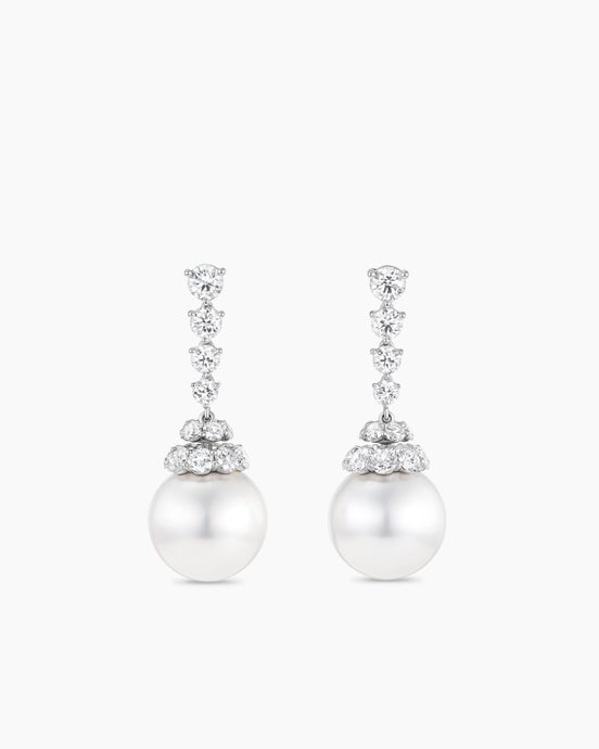 Floating Diamonds and South Sea White Pearl Drop Earrings in White Gold
