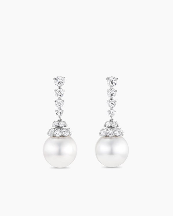 Floating Diamonds and South Sea White Pearl Drop Earrings in White Gold
