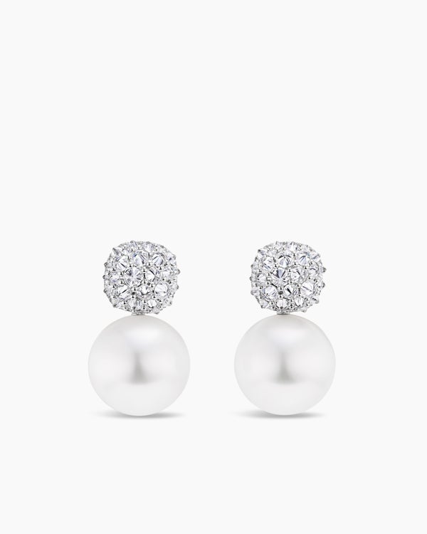 DY Lumina South Sea White Pearl Reverse Set Drop Earrings in White Gold with Diamonds