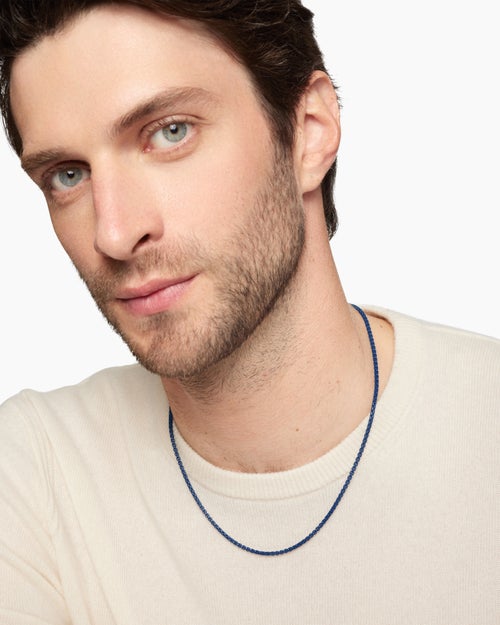 Mens Box Chain Necklace in Sterling Silver with Blue Stainless Steel, 2.7mm