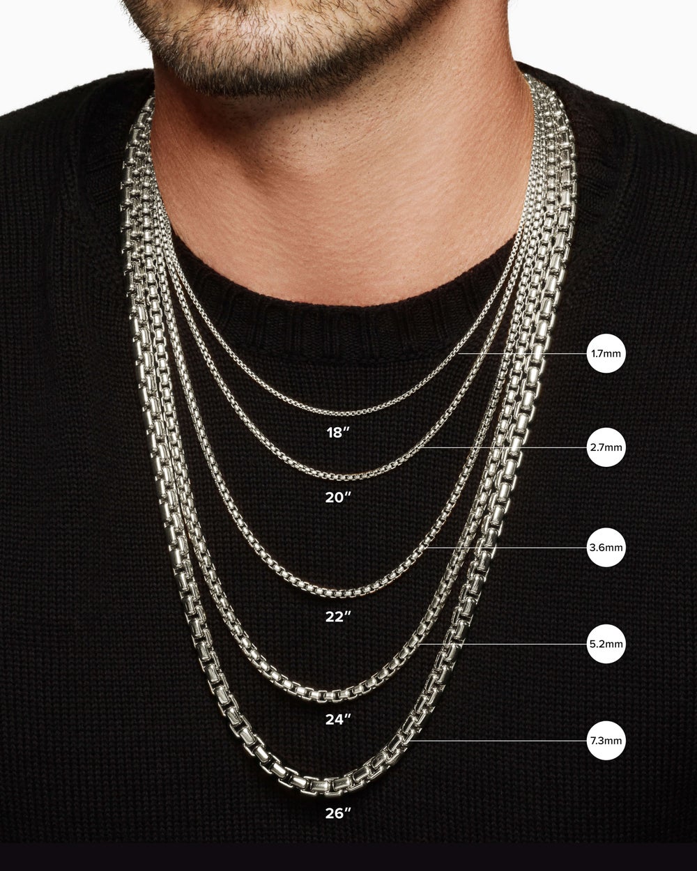 Mens Box Chain Necklace in Sterling Silver, 2.7mm