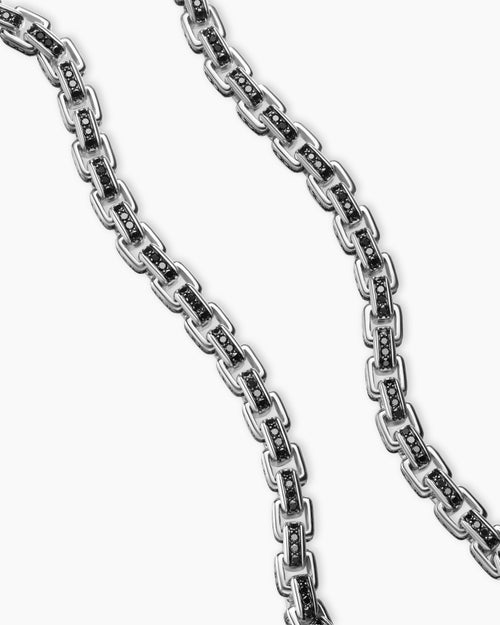 Mens Box Chain Necklace in Sterling Silver with Pavé Black Diamonds, 7.3mm