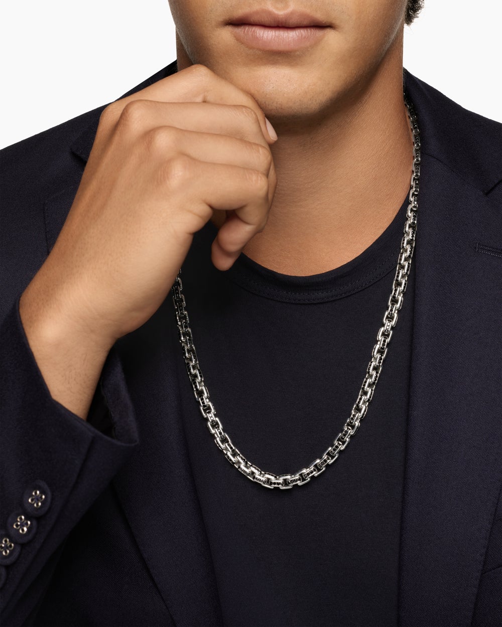 Mens Box Chain Necklace in Sterling Silver with Pavé Black Diamonds, 7.3mm