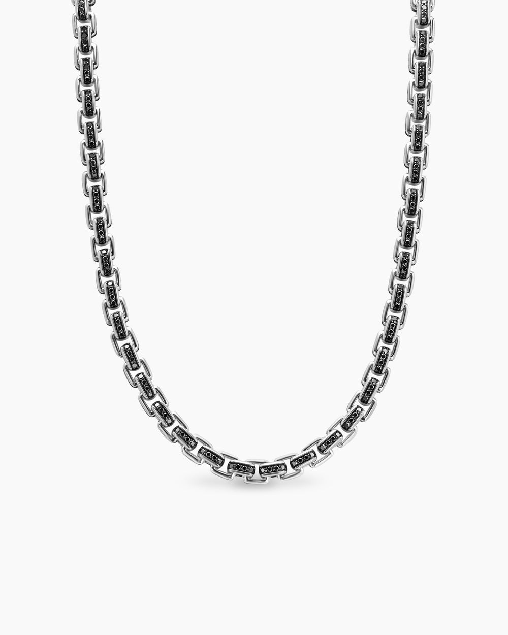 Mens Box Chain Necklace in Sterling Silver with Pavé Black Diamonds, 7.3mm